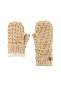 Gehaakte wanten in beige en crème, met een textuurpatroon, geribbelde manchetten en een zachte, vloeiende rand bij de pols voor extra warmte.