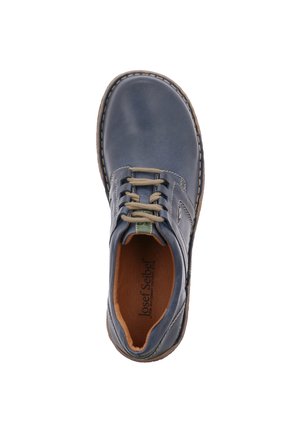 Dark blue leather shoe with a rounded toe, light grey laces, and stitched detailing. Features a tan leather insole and subtle logo.