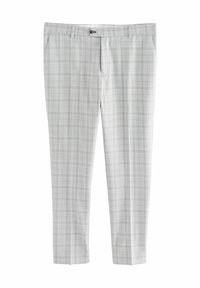 Pantaloni grigi chiari con un motivo a quadri. Presentano una parte frontale piatta, chiusura con cerniera e bottone, tasche laterali e una vestibilità sartoriale.