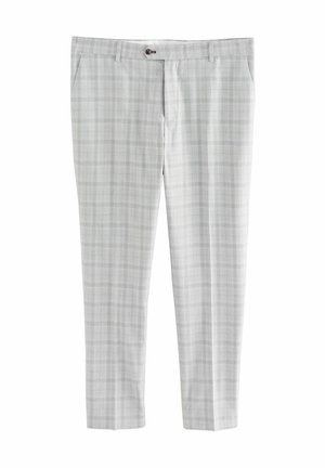 Helle graue Hose mit Karomuster. Verfügt über einen flachen Bund, einen Reißverschluss und einen Knopfverschluss, seitliche Taschen und eine taillierte Passform.