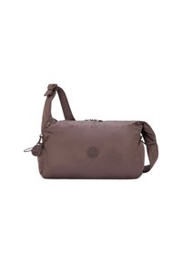 Sacoche en nylon marron avec bandoulière ajustable, fermeture zippée et logo circulaire. Texture lisse et forme rectangulaire compacte. Détail de porte-clés attaché.