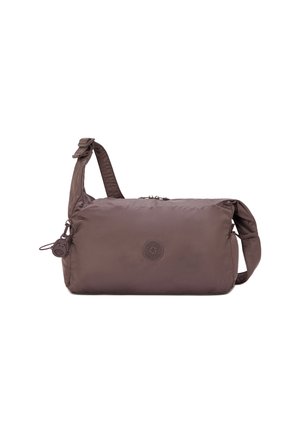 Brown nylon shoulder bag with adjustable strap, zip closure, and circular logo. Smooth texture and compact rectangular shape. Keychain detail attached.