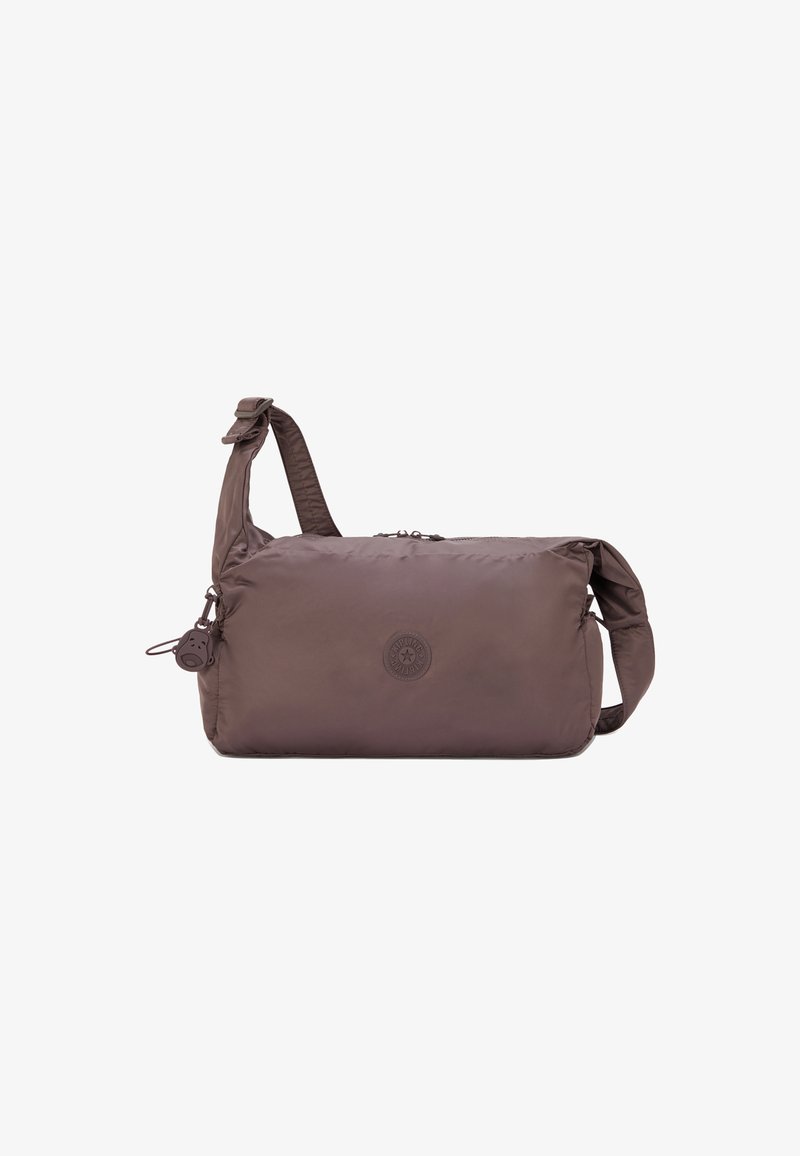 Brown nylon shoulder bag with adjustable strap, zip closure, and circular logo. Smooth texture and compact rectangular shape. Keychain detail attached.