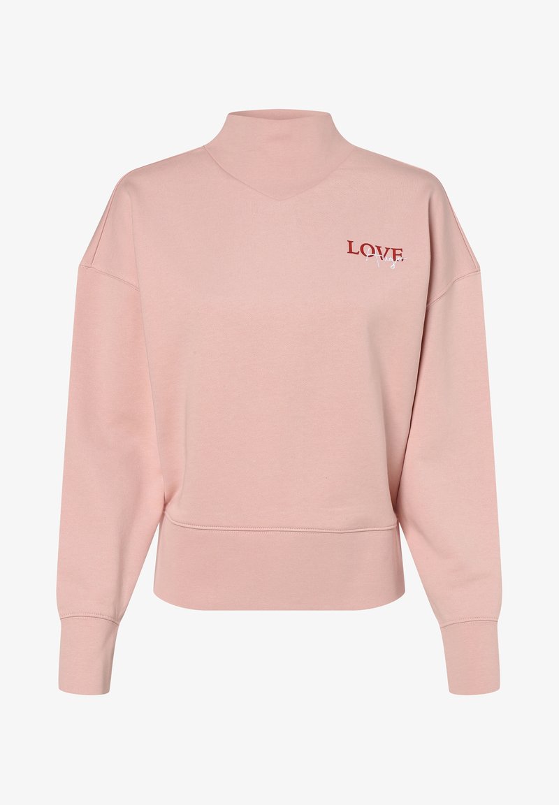 Sweat-shirt rose clair à manches longues avec col montant et texte rouge "LOVE" imprimé sur la poitrine gauche.