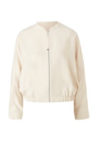 Giacca bomber beige chiaro, con colletto rotondo, chiusura con zip, orlo elastico e tasche laterali. Tessuto liscio con una sottile texture.