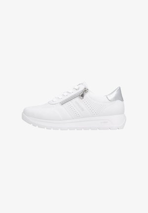 White sneaker made of synthetic material with a smooth texture, featuring a side zipper, perforated detailing, and silver accents.