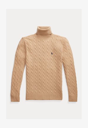Bežs adītais turtlenecks džemperis ar ribotām piedurknēm un apakšmalu, ar mazu logotipu kreisajā krūtī. Mīksta tekstūra.