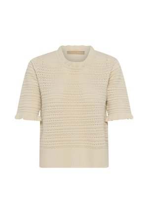 Pulover tricotat cu mâneci scurte de culoare crem, cu decolteu festonat, modele texturate și margini cu volane la mâneci.