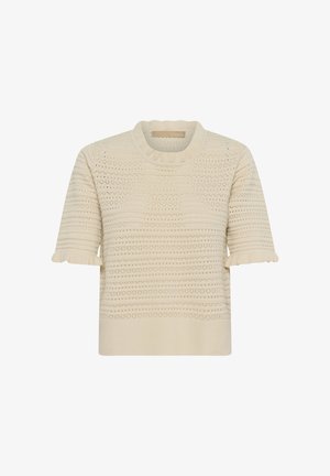 Roomkleurige, gebreide trui met korte mouwen, voorzien van een geschulpte halslijn, gestructureerde patronen en gerufflede mouwranden.