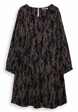 Vestido negro con un diseño de capas, mangas largas y escote redondo. Presenta un patrón disperso multicolor en naranja, púrpura y blanco.