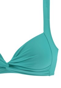 Mėlynas trikampis bikini viršus, pagamintas iš tamprios medžiagos, su išsukta priekiu ir reguliuojamu dirželiu, leidžiančiu pritaikyti dydį.