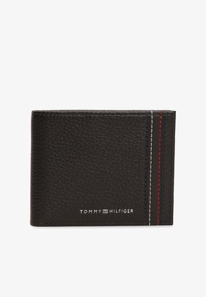 Black textured leather wallet with red, white, and blue vertical stitching and Tommy Hilfiger logo on front.