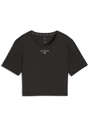 T-shirt noir court à manches courtes avec col rond, affichant les logos blancs "HYROX" et Puma sur le devant et à l'intérieur du col.