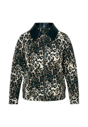 Leopardenmuster-Jacke mit schwarzem Lederkragen und Reißverschluss, gefertigt aus einem weichen Stoff. Verfügt über lange Ärmel und eine lockere Passform.