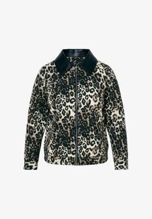 Leopardmønstret jakke med sort læderkrave og lynlåslukning, lavet af et blødt stof. Har lange ærmer og en løs pasform.