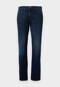 Σκούρο μπλε τζιν παντελόνι με ίσια γραμμή, εμπρόσθιες τσέπες, θηλιές για ζώνη, κούμπωμα με κουμπί και διακριτική ξεθώριαση στους μηρούς.