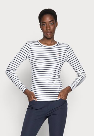 Langarmshirt met witte en marineblauwe horizontale strepen, ronde halslijn en klein hartembleem op de borst. Soepele stof, getailleerd ontwerp.