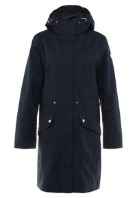 Marinblå vattentät rock med huva, utrustad med två framfickor med tryckknappar och en rak skärning. Slät, matt yta.