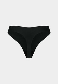 Une culotte string noire sans couture avec une large taille, conçue pour un ajustement lisse et confortable.