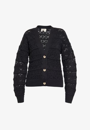 Fekete kötött kardigán V-nyakkal, hosszú ujjaival, textúrált mintákkal és nagy gombokkal az elején. Nyitott munkával készült.