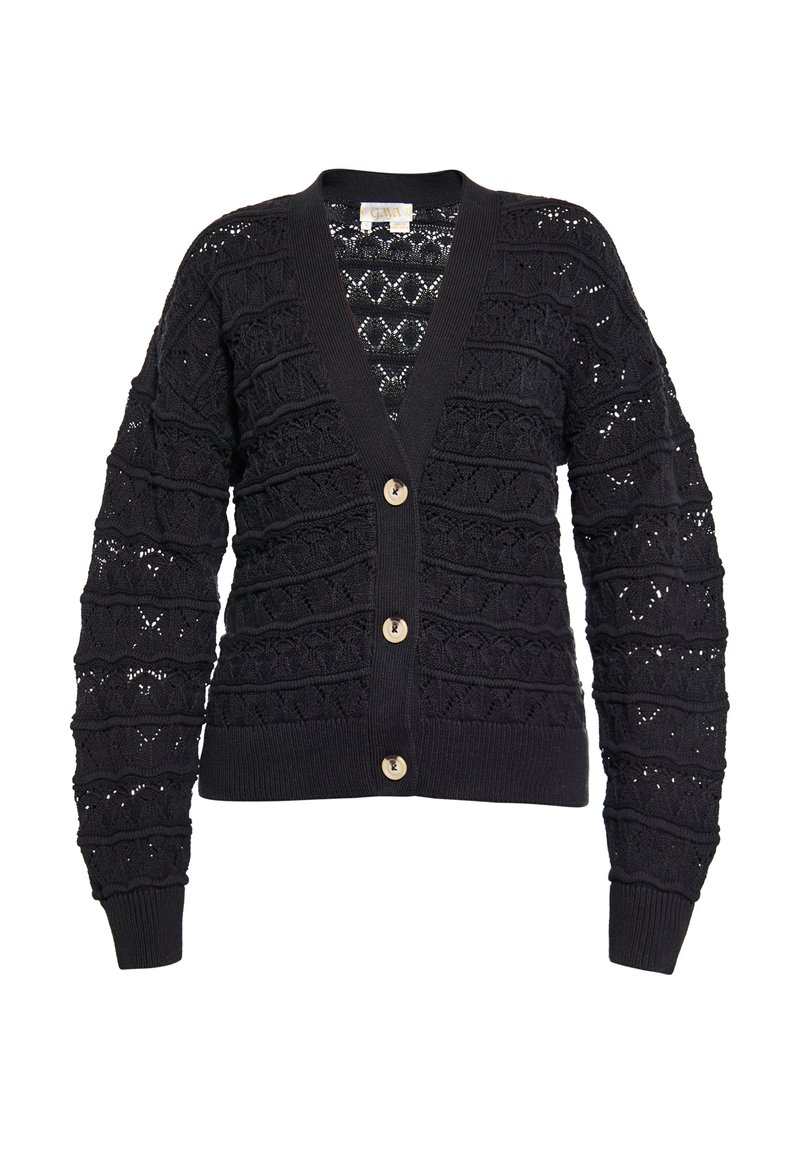 Cardigan a maglia nera con scollo a V, maniche lunghe, motivi testurizzati e grandi bottoni sul davanti. Design con lavorazione a traforo in tutto il capo.