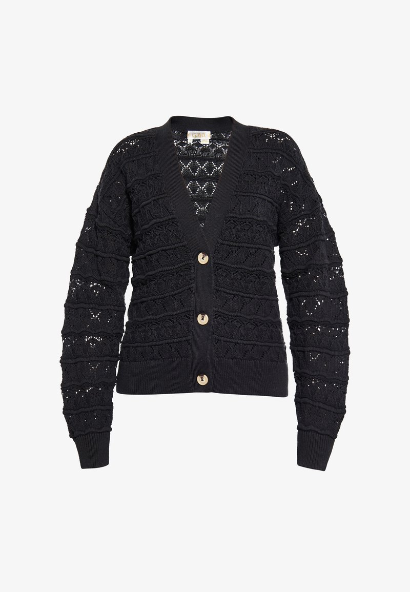 Cardigan a maglia nera con scollo a V, maniche lunghe, motivi testurizzati e grandi bottoni sul davanti. Design con lavorazione a traforo in tutto il capo.