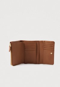 Brown leather trifold wallet open to show multiple card slots, a zippered coin pocket, and a snap button compartment.