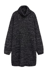 Pull-over à col roulé noir présentant un tricot épais et texturé avec des éclats blancs, manches longues et coupe ample.