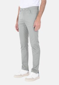 Pantaloni grigi chiari con vestibilità slim, realizzati in tessuto misto cotone, dotati di tasche frontali e chiusura classica con bottone. Abbinati a sneakers bianche.