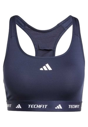 Soutien-gorge de sport marine avec un dos nageur, fabriqué à partir d'un matériau lisse et extensible. Présente un logo blanc et une bande "TECHFIT" en bas.