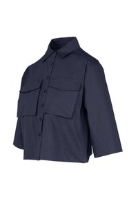 Camicia corta blu navy con colletto a punta, dotata di due grandi tasche frontali, chiusura con bottoni e maniche a tre quarti.