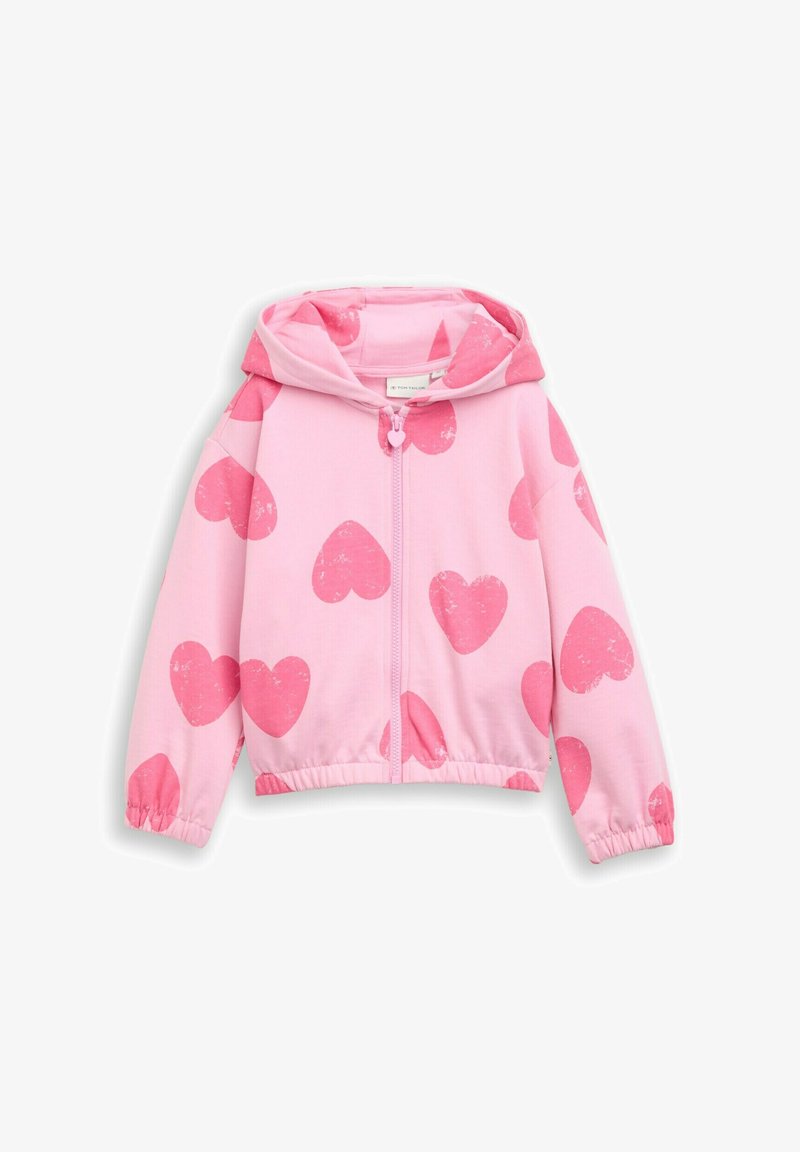 Roosa kapuutsiga jope tõmblukuga, kaunistatud suurte tuhmunud punaste südamemustritega, elastsete varrukate ja servaga.