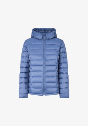 Hele sinine puff-jakk kapuutsiga, millel on horisontaalsed õmmeldud osad, keskmine tõmblukk ja elastsed varrukaotsad. Pehme tekstuur, igapäevane disain.