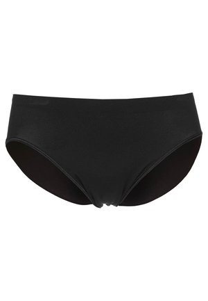 Zwarte bikinionderkant gemaakt van glad materiaal. Het heeft een eenvoudig ontwerp met een elastische tailleband en afgeronde beenopeningen.