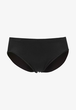 Schwarzer Bikini-Unterteil aus glattem Material. Er zeichnet sich durch ein einfaches Design mit einem elastischen Bund und konturierten Beinöffnungen aus.
