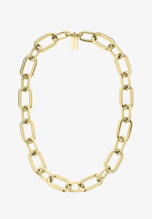 Collana in metallo color oro con catena caratterizzata da grandi anelli rettangolari allungati, completata da un piccolo tag per il marchio. Texture liscia su tutta la superficie.