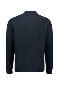 Marineblauwe trui met een gladde textuur, lange mouwen, geribbelde manchetten en een kraag, met een eenvoudig, gestroomlijnd ontwerp.