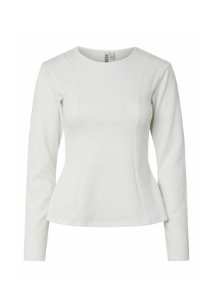 Top bianco a maniche lunghe con scollatura rotonda, corpino aderente e orlo svasato. Realizzato in tessuto morbido con dettagli di cucitura discreti.