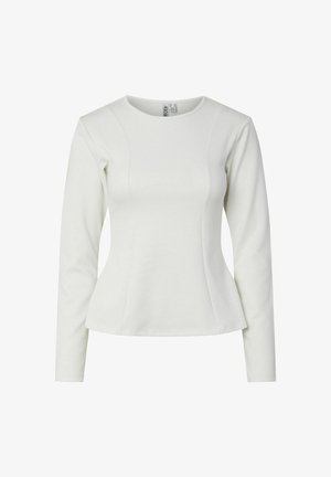 Vit långärmad topp med rund halsringning, figursydd bodice och utsvängd nederkant. Tillverkad av ett mjukt tyg med subtila sömdetaljer.