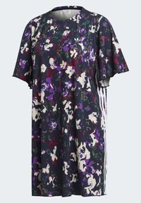 Fialové a zelené květinové šaty s krátkým rukávem, kulatým výstřihem a bílými bočními pruhy. Vyrobeno z měkké látky.