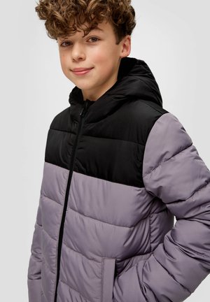 Padded jacket featuring a black hood, horizontal color blocking in black and lavender, zip closure, and side pockets with a smooth texture.