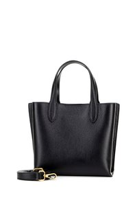 Zwarte leren tote bag met een gestructureerde afwerking. Voorzien van twee korte handvatten, een afneembare schouderband en een gestructureerde rechthoekige vorm.