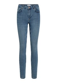 Jeans de ganga azul skinny com uma cintura de altura média, design de cinco bolsos e costura mínima. O tecido tem uma textura suave e ligeira elasticidade.