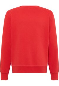 Czerwona bluza z solidnej tkaniny, z okrągłym dekoltem i długimi rękawami. Posiada ściągacze na mankietach i dolnym brzegu. Prosty, nieozdobiony design.