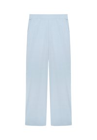 Pantalones anchos de color azul claro con cintura elástica y bolsillos laterales, exhibidos sobre un fondo blanco.
