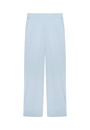 Pantaloni largi, bleu deschis, cu talie elastică și buzunare laterale, expuși pe un fundal alb.