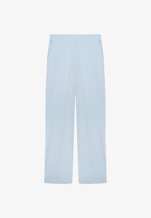 Pantalones anchos de color azul claro con cintura elástica y bolsillos laterales, exhibidos sobre un fondo blanco.