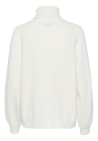 Biała, długa bluza z golfem, z rękawami i dekoltem z ribbingu, pokazana z tyłu na jednolitym tle.