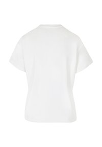 Biała bawełniana koszulka z krótkim rękawem, okrągłym dekoltem i luźnym krojem. Tył jest gładki, bez widocznych logo ani wzorów.
