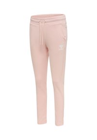 Jasnoróżowe, dopasowane spodnie dresowe z elastycznym pasem, sznurkiem, bocznymi kieszeniami i białym logo Hummel na górnej części uda.